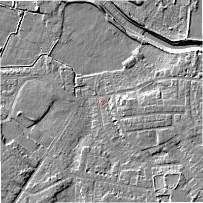 Shaded relief map of the ground around M336PA, computed from Environment Agency LiDAR. The ground here sits at about 21 m above sea level and falls 9 m across the surrounding 800 m. Surface water reaching this point runs off ground lying to the east-south-east, 5.3 m higher.