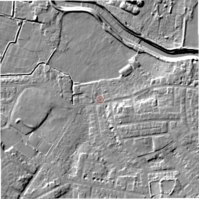 Shaded relief map of the ground around M336PB, computed from Environment Agency LiDAR. The ground here sits at about 20 m above sea level and falls 9 m across the surrounding 800 m. Surface water reaching this point runs off ground lying to the east-south-east, 4.4 m higher.