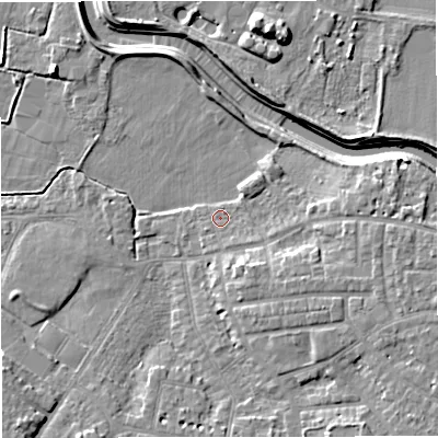 Shaded relief map of the ground around M336PD, computed from Environment Agency LiDAR. The ground here sits at about 20 m above sea level and falls 9 m across the surrounding 800 m. Surface water reaching this point runs off ground lying to the south-east, 4.5 m higher.