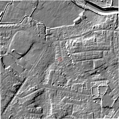 Shaded relief map of the ground around M336PE, computed from Environment Agency LiDAR. The ground here sits at about 21 m above sea level and falls 10 m across the surrounding 800 m. Surface water reaching this point runs off ground lying to the south-east, 7.0 m higher.