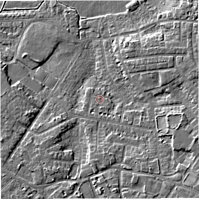 Shaded relief map of the ground around M336PF, computed from Environment Agency LiDAR. The ground here sits at about 22 m above sea level and falls 9 m across the surrounding 800 m. Surface water reaching this point runs off ground lying to the south, 1.4 m higher.