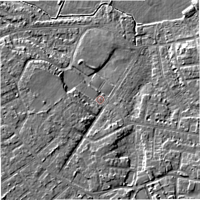 Shaded relief map of the ground around M336WL, computed from Environment Agency LiDAR. The ground here sits at about 21 m above sea level and falls 8 m across the surrounding 800 m. Surface water reaching this point runs off ground lying to the south-west, 4.3 m higher.