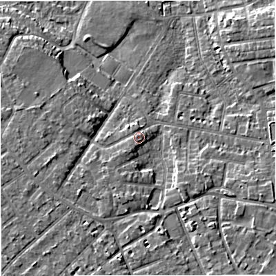 Shaded relief map of the ground around M336WW, computed from Environment Agency LiDAR. The ground here sits at about 24 m above sea level and falls 7 m across the surrounding 800 m. Surface water reaching this point runs off ground lying to the west, 1.2 m higher.
