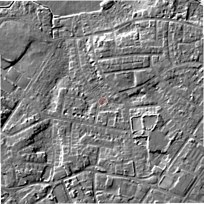 Shaded relief map of the ground around M336WY, computed from Environment Agency LiDAR. The ground here sits at about 21 m above sea level and falls 10 m across the surrounding 800 m. Surface water reaching this point runs off ground lying to the south-east, 6.1 m higher.