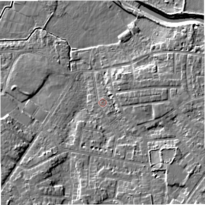 Shaded relief map of the ground around M336WZ, computed from Environment Agency LiDAR. The ground here sits at about 21 m above sea level and falls 10 m across the surrounding 800 m. Surface water reaching this point runs off ground lying to the east, 4.6 m higher.