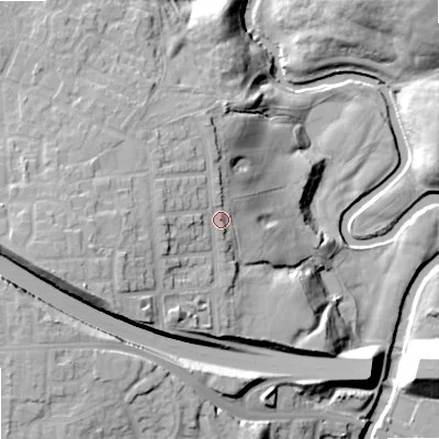 Shaded relief map of the ground around M343EF, computed from Environment Agency LiDAR. The ground here sits at about 97 m above sea level and falls 29 m across the surrounding 800 m. Surface water reaching this point runs off ground lying to the west-south-west, 7.6 m higher.