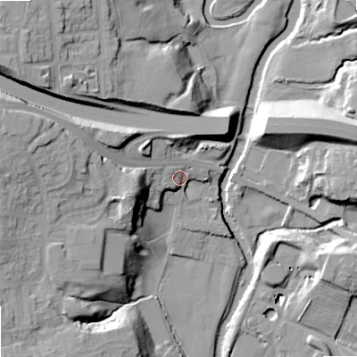 Shaded relief map of the ground around M343EN, computed from Environment Agency LiDAR. The ground here sits at about 84 m above sea level and falls 30 m across the surrounding 800 m. Surface water reaching this point runs off ground lying to the west-north-west, 22.8 m higher.