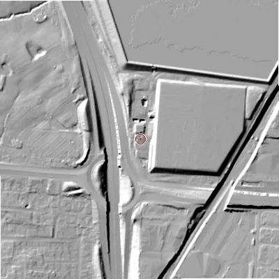 Shaded relief map of the ground around M343QJ, computed from Environment Agency LiDAR. The ground here sits at about 92 m above sea level and falls 21 m across the surrounding 800 m. Surface water reaching this point runs off ground lying to the east-north-east, 8.1 m higher.