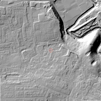 Shaded relief map of the ground around M343TF, computed from Environment Agency LiDAR. The ground here sits at about 95 m above sea level and falls 23 m across the surrounding 800 m. Surface water reaching this point runs off ground lying to the south, 2.7 m higher.