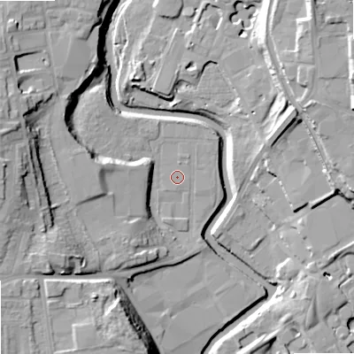 Shaded relief map of the ground around M345DR, computed from Environment Agency LiDAR. The ground here sits at about 84 m above sea level and falls 23 m across the surrounding 800 m. Surface water reaching this point runs off ground lying to the south-west, 0.5 m higher.