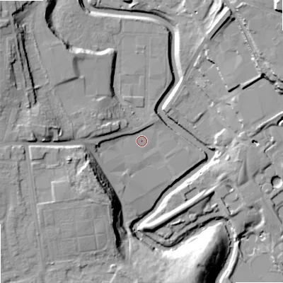 Shaded relief map of the ground around M345DW, computed from Environment Agency LiDAR. The ground here sits at about 83 m above sea level and falls 23 m across the surrounding 800 m. Surface water reaching this point runs off ground lying to the west-north-west, 2.9 m higher.