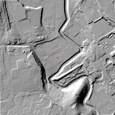 Shaded relief map of the ground around M345EX, computed from Environment Agency LiDAR. The ground here sits at about 83 m above sea level and falls 22 m across the surrounding 800 m. Surface water reaching this point runs off ground lying to the west-north-west, 5.9 m higher.