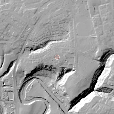 Shaded relief map of the ground around M346FS, computed from Environment Agency LiDAR. The ground here sits at about 90 m above sea level and falls 45 m across the surrounding 800 m. Surface water reaching this point runs off ground lying to the east-north-east, 3.4 m higher.