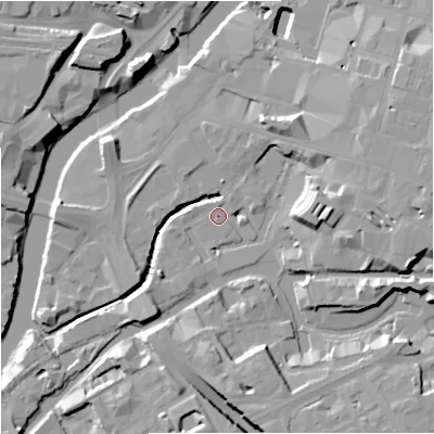 Shaded relief map of the ground around M34BD, computed from Environment Agency LiDAR. The ground here sits at about 26 m above sea level and falls 16 m across the surrounding 800 m. Surface water reaching this point runs off ground lying to the east, 4.1 m higher.