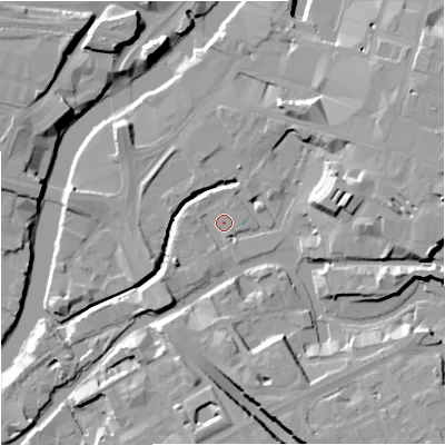 Shaded relief map of the ground around M34BH, computed from Environment Agency LiDAR. The ground here sits at about 26 m above sea level and falls 16 m across the surrounding 800 m. Surface water reaching this point runs off ground lying to the south-south-west, 1.4 m higher.