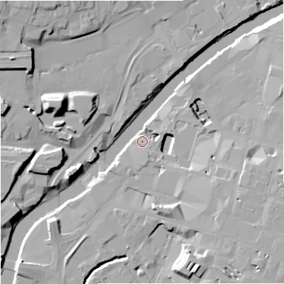 Shaded relief map of the ground around M34BR, computed from Environment Agency LiDAR. The ground here sits at about 26 m above sea level and falls 18 m across the surrounding 800 m. Surface water reaching this point runs off ground lying to the east, 5.2 m higher.