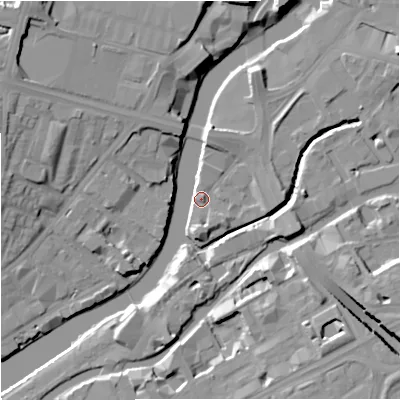 Shaded relief map of the ground around M34JA, computed from Environment Agency LiDAR. The ground here sits at about 26 m above sea level and falls 15 m across the surrounding 800 m. Surface water reaching this point runs off ground lying to the north-west, 8.8 m higher.