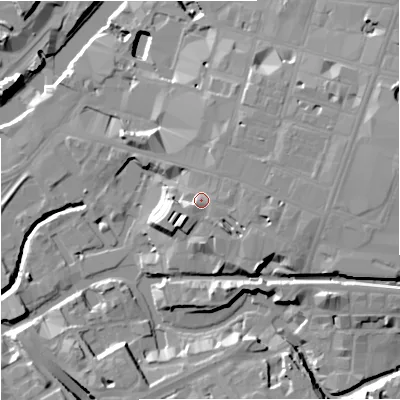 Shaded relief map of the ground around M34JL, computed from Environment Agency LiDAR. The ground here sits at about 33 m above sea level and falls 17 m across the surrounding 800 m. Surface water reaching this point runs off ground lying to the south-east, 4.5 m higher.
