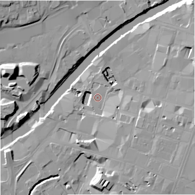 Shaded relief map of the ground around M34JQ, computed from Environment Agency LiDAR. The ground here sits at about 26 m above sea level and falls 18 m across the surrounding 800 m. Surface water reaching this point runs off ground lying to the south-east, 9.5 m higher.