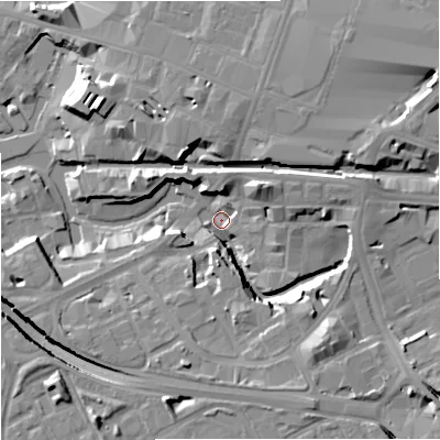 Shaded relief map of the ground around M34LA, computed from Environment Agency LiDAR. The ground here sits at about 26 m above sea level and falls 18 m across the surrounding 800 m. Surface water reaching this point runs off ground lying to the south-south-east, 12.7 m higher.