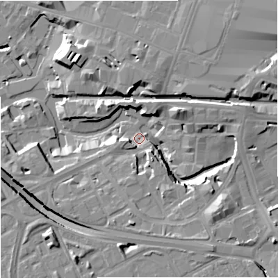 Shaded relief map of the ground around M34LB, computed from Environment Agency LiDAR. The ground here sits at about 27 m above sea level and falls 17 m across the surrounding 800 m. Surface water reaching this point runs off ground lying to the south-east, 12.7 m higher.