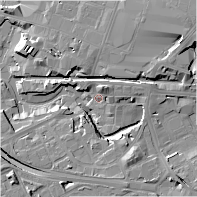 Shaded relief map of the ground around M34LG, computed from Environment Agency LiDAR. The ground here sits at about 29 m above sea level and falls 18 m across the surrounding 800 m. Surface water reaching this point runs off ground lying to the north-east, 6.6 m higher.
