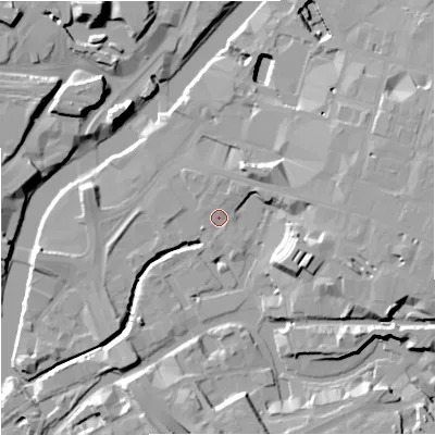 Shaded relief map of the ground around M34NB, computed from Environment Agency LiDAR. The ground here sits at about 26 m above sea level and falls 18 m across the surrounding 800 m. Surface water reaching this point runs off ground lying to the north-east, 6.2 m higher.