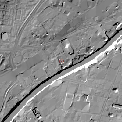 Shaded relief map of the ground around M35AG, computed from Environment Agency LiDAR. The ground here sits at about 26 m above sea level and falls 17 m across the surrounding 800 m. Surface water reaching this point runs off ground lying to the south-west, 2.8 m higher.