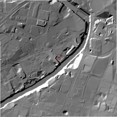 Shaded relief map of the ground around M35AL, computed from Environment Agency LiDAR. The ground here sits at about 26 m above sea level and falls 24 m across the surrounding 800 m. Surface water reaching this point runs off ground lying to the north-west, 12.0 m higher.