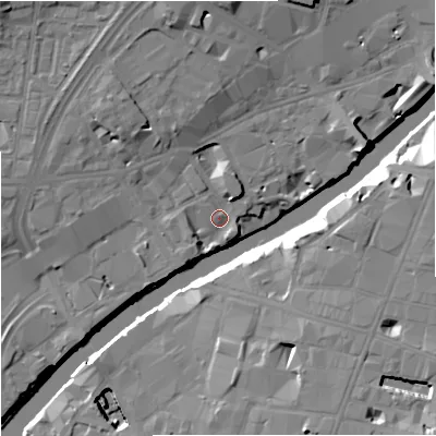 Shaded relief map of the ground around M35AP, computed from Environment Agency LiDAR. The ground here sits at about 27 m above sea level and falls 18 m across the surrounding 800 m. Surface water reaching this point runs off ground lying to the north-north-west, 8.9 m higher.