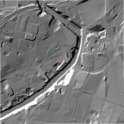 Shaded relief map of the ground around M35AS, computed from Environment Agency LiDAR. The ground here sits at about 27 m above sea level and falls 25 m across the surrounding 800 m. Surface water reaching this point runs off ground lying to the west-north-west, 11.8 m higher.
