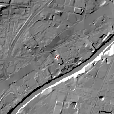 Shaded relief map of the ground around M35BN, computed from Environment Agency LiDAR. The ground here sits at about 27 m above sea level and falls 16 m across the surrounding 800 m. Surface water reaching this point runs off ground lying to the north-west, 5.3 m higher.