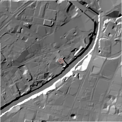Shaded relief map of the ground around M35BQ, computed from Environment Agency LiDAR. The ground here sits at about 30 m above sea level and falls 23 m across the surrounding 800 m. Surface water reaching this point runs off ground lying to the south-east, 5.6 m higher.