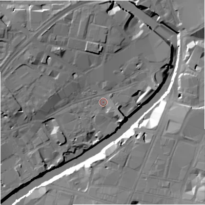 Shaded relief map of the ground around M35BY, computed from Environment Agency LiDAR. The ground here sits at about 28 m above sea level and falls 21 m across the surrounding 800 m. Surface water reaching this point runs off ground lying to the west-north-west, 6.8 m higher.