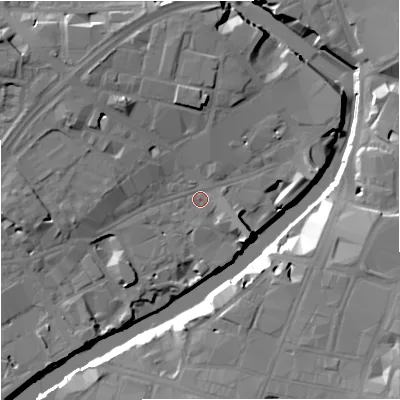 Shaded relief map of the ground around M35BZ, computed from Environment Agency LiDAR. The ground here sits at about 28 m above sea level and falls 20 m across the surrounding 800 m. Surface water reaching this point runs off ground lying to the west-north-west, 6.7 m higher.