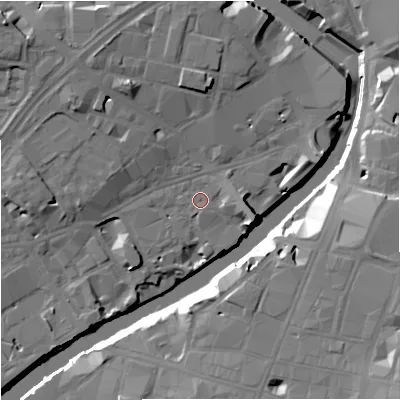 Shaded relief map of the ground around M35DE, computed from Environment Agency LiDAR. The ground here sits at about 27 m above sea level and falls 20 m across the surrounding 800 m. Surface water reaching this point runs off ground lying to the north-west, 6.8 m higher.
