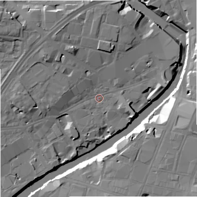 Shaded relief map of the ground around M35DF, computed from Environment Agency LiDAR. The ground here sits at about 28 m above sea level and falls 18 m across the surrounding 800 m. Surface water reaching this point runs off ground lying to the north-west, 6.7 m higher.