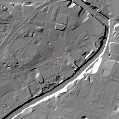 Shaded relief map of the ground around M35DG, computed from Environment Agency LiDAR. The ground here sits at about 27 m above sea level and falls 19 m across the surrounding 800 m. Surface water reaching this point runs off ground lying to the north-west, 6.7 m higher.