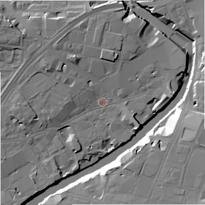 Shaded relief map of the ground around M35DW, computed from Environment Agency LiDAR. The ground here sits at about 28 m above sea level and falls 17 m across the surrounding 800 m. Surface water reaching this point runs off ground lying to the north-west, 3.9 m higher.