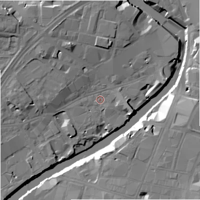 Shaded relief map of the ground around M35DY, computed from Environment Agency LiDAR. The ground here sits at about 27 m above sea level and falls 19 m across the surrounding 800 m. Surface water reaching this point runs off ground lying to the north-west, 6.7 m higher.