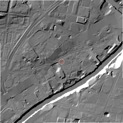 Shaded relief map of the ground around M35EH, computed from Environment Agency LiDAR. The ground here sits at about 28 m above sea level and falls 16 m across the surrounding 800 m. Surface water reaching this point runs off ground lying to the north-north-west, 6.9 m higher.