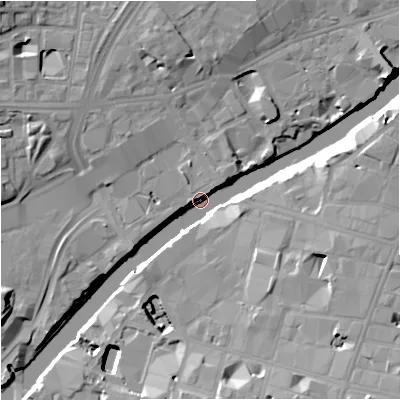 Shaded relief map of the ground around M35EJ, computed from Environment Agency LiDAR. The ground here sits at about 25 m above sea level and falls 18 m across the surrounding 800 m. Surface water reaching this point runs off ground lying to the east-north-east, 14.8 m higher.