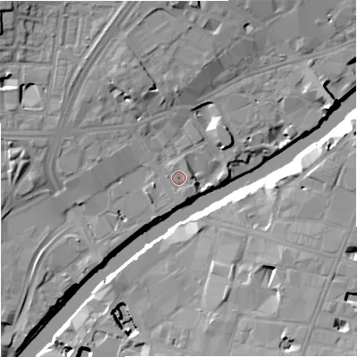 Shaded relief map of the ground around M35EU, computed from Environment Agency LiDAR. The ground here sits at about 28 m above sea level and falls 17 m across the surrounding 800 m. Surface water reaching this point runs off ground lying to the south, 1.0 m higher.