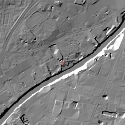 Shaded relief map of the ground around M35EW, computed from Environment Agency LiDAR. The ground here sits at about 27 m above sea level and falls 19 m across the surrounding 800 m. Surface water reaching this point runs off ground lying to the north-north-west, 8.9 m higher.