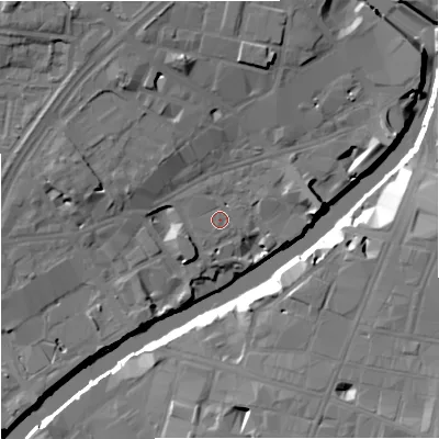 Shaded relief map of the ground around M35FA, computed from Environment Agency LiDAR. The ground here sits at about 27 m above sea level and falls 18 m across the surrounding 800 m. Surface water reaching this point runs off ground lying to the north, 1.7 m higher.