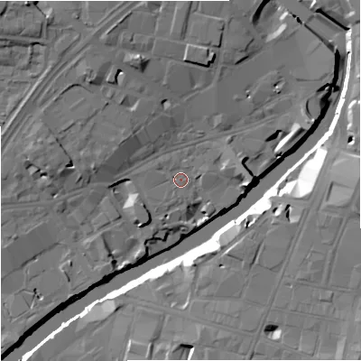 Shaded relief map of the ground around M35FH, computed from Environment Agency LiDAR. The ground here sits at about 27 m above sea level and falls 18 m across the surrounding 800 m. Surface water reaching this point runs off ground lying to the north-north-west, 1.7 m higher.