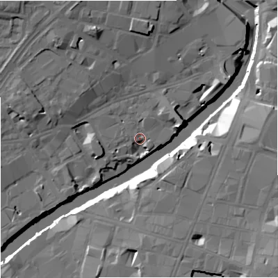 Shaded relief map of the ground around M35FN, computed from Environment Agency LiDAR. The ground here sits at about 27 m above sea level and falls 20 m across the surrounding 800 m. Surface water reaching this point runs off ground lying to the north-west, 3.7 m higher.