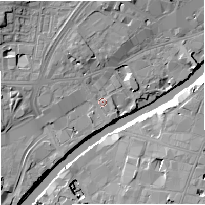Shaded relief map of the ground around M35FS, computed from Environment Agency LiDAR. The ground here sits at about 28 m above sea level and falls 16 m across the surrounding 800 m. Surface water reaching this point runs off ground lying to the north, 7.1 m higher.
