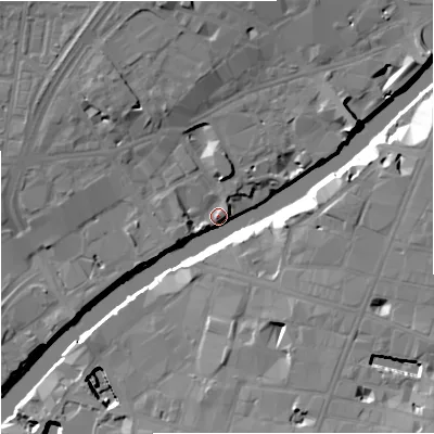 Shaded relief map of the ground around M35GE, computed from Environment Agency LiDAR. The ground here sits at about 27 m above sea level and falls 21 m across the surrounding 800 m. Surface water reaching this point runs off ground lying to the north-north-west, 10.5 m higher.