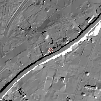 Shaded relief map of the ground around M35GF, computed from Environment Agency LiDAR. The ground here sits at about 27 m above sea level and falls 20 m across the surrounding 800 m. Surface water reaching this point runs off ground lying to the north-north-west, 8.9 m higher.